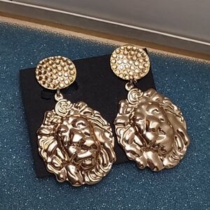 Pave Crystal Lion's Face Clip Earrings 1990's